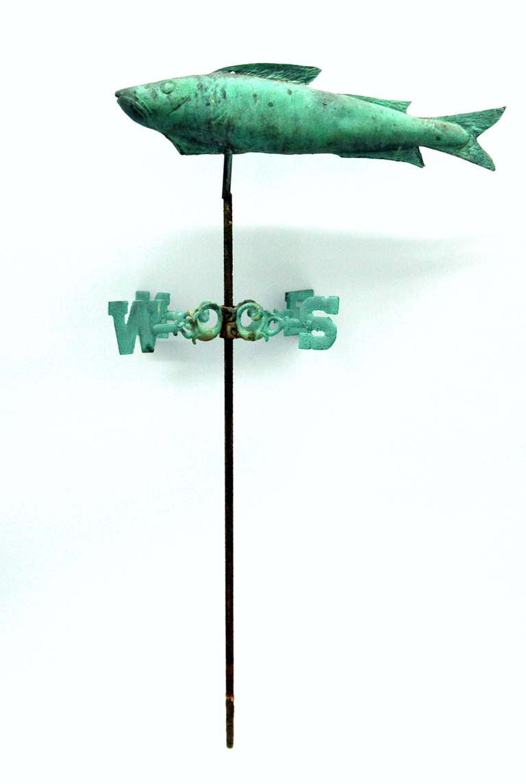 A classic American weather vane of a fish possibly a cod for cape cod with excellent patina.
