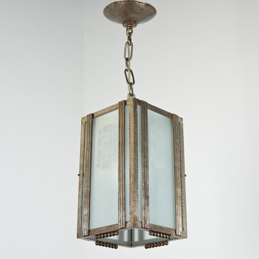 Petite Art Deco Pendant Lantern in Wrought Iron & Glass