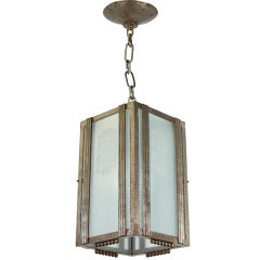 Petite Art Deco Pendant Lantern in Wrought Iron & Glass