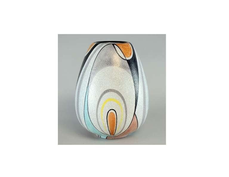 A beautiful, hand-painted vase from the Rumba collection by potter Flora. The design contains various organic ovalular forms painted in black, gray, orange, yellow and blue on a light gray background. The piece is signed on the underside with 1049.