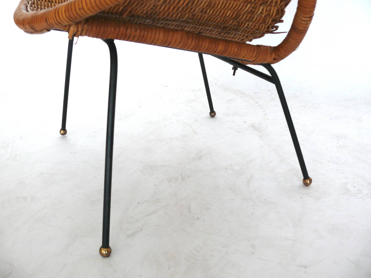 Brass Woven Wicker and Iron Bucket Chairs