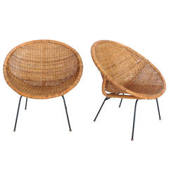 Retro Woven Wicker and Iron Bucket Chairs