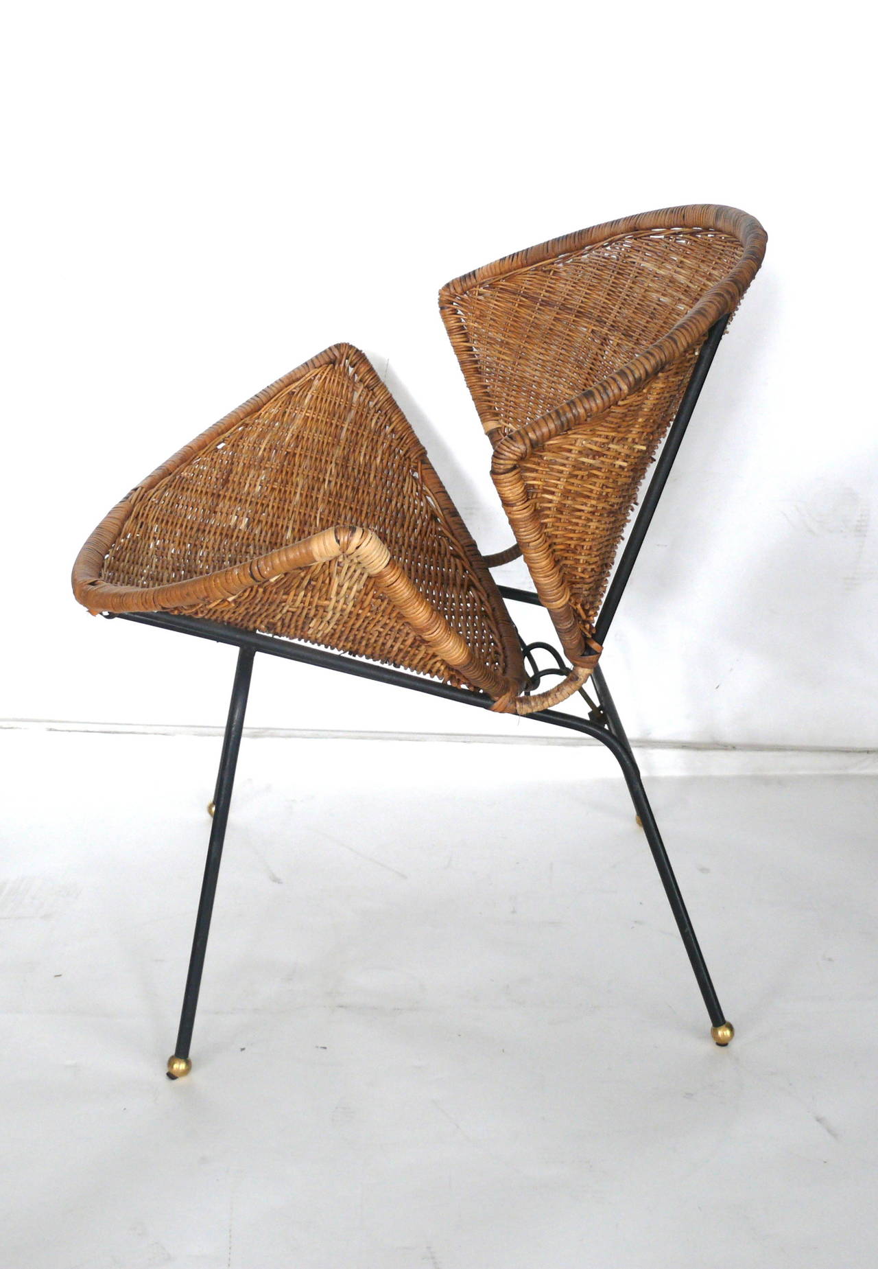 Brass Sculptural Wicker and Rattan Clam Chairs