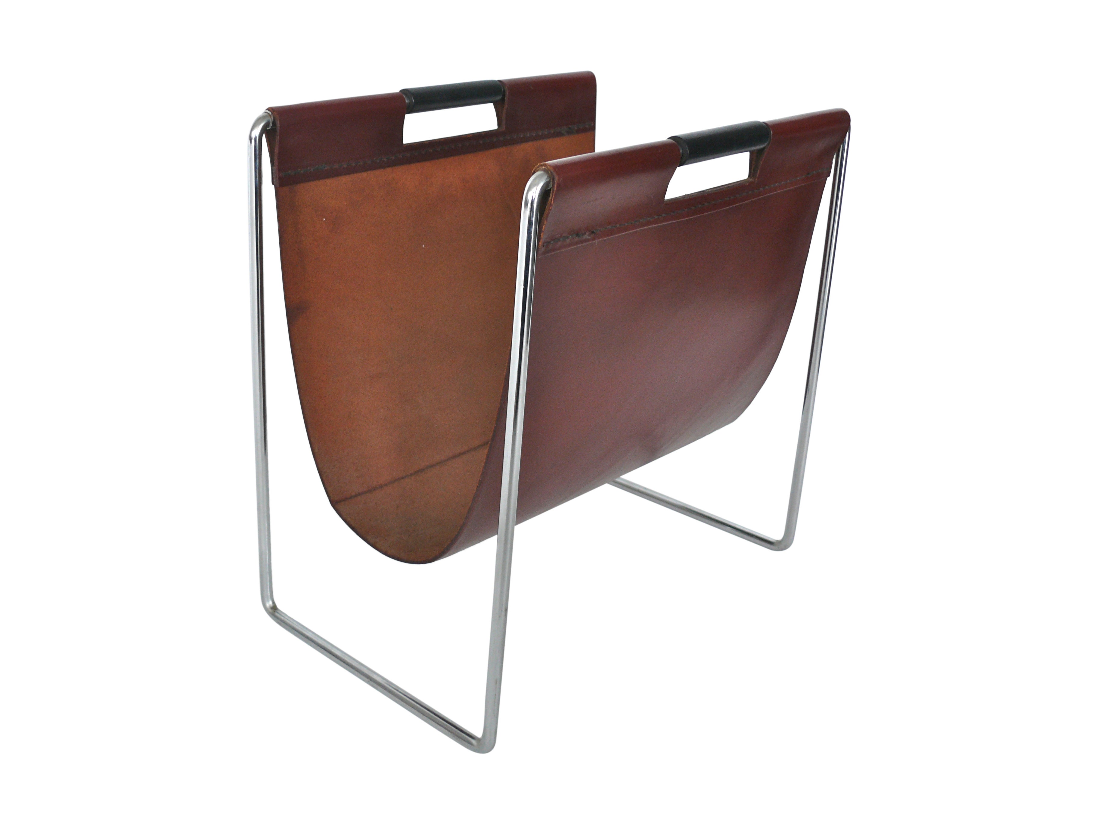 French Leather and Chrome Magazine Rack