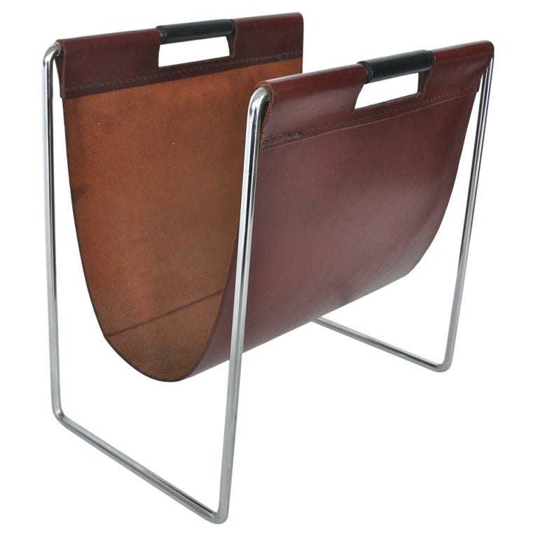 French Leather and Chrome Magazine Rack at 1stdibs