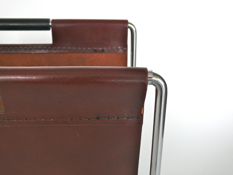French Leather and Chrome Magazine Rack In Excellent Condition In Beverly Hills, CA
