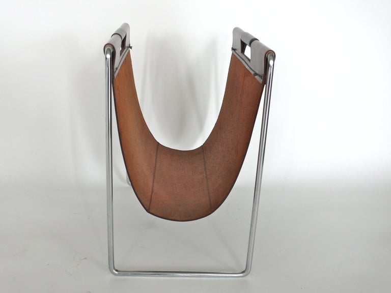 20th Century French Leather and Chrome Magazine Rack