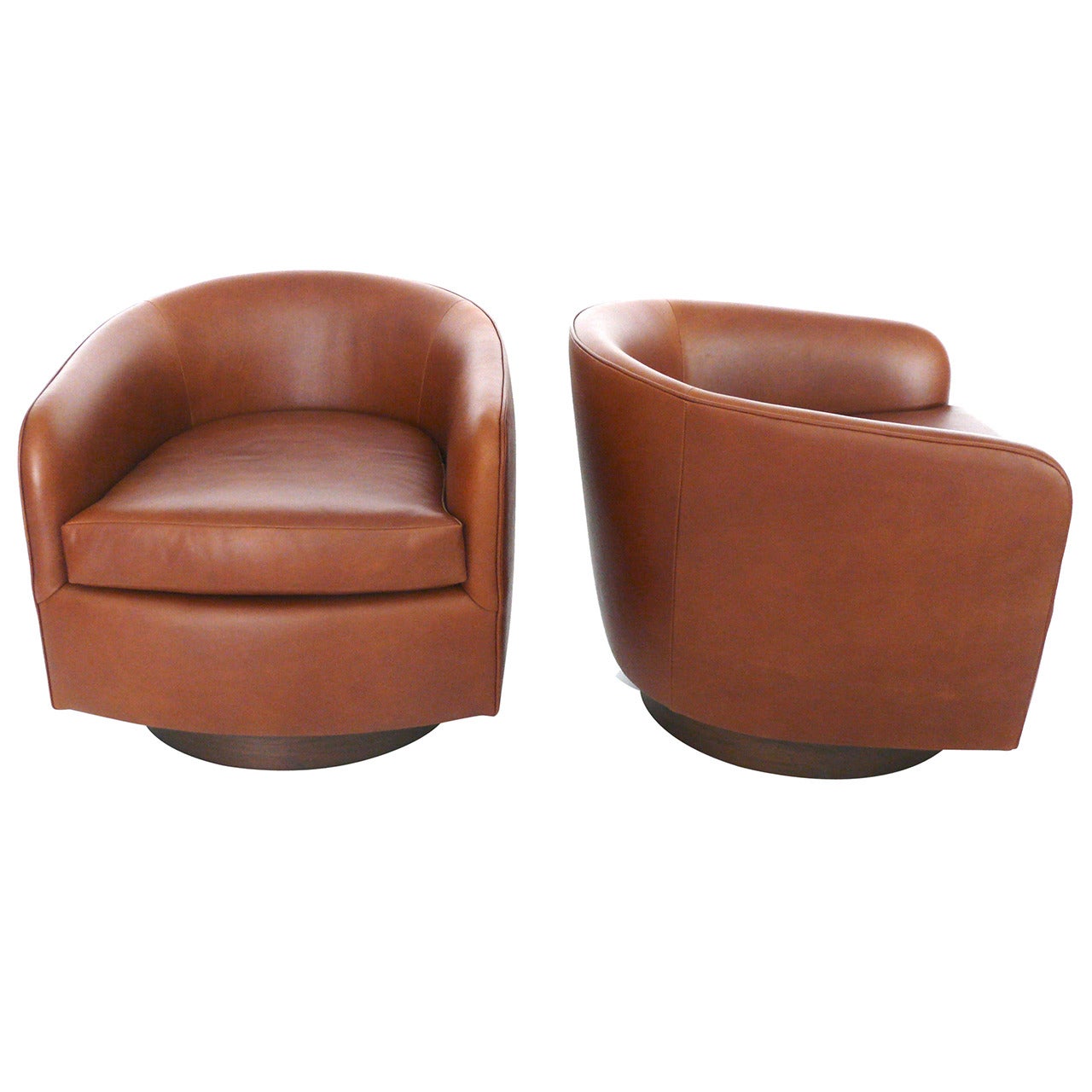 Saddle Leather Swivel Chairs in the Style of Milo Baughman