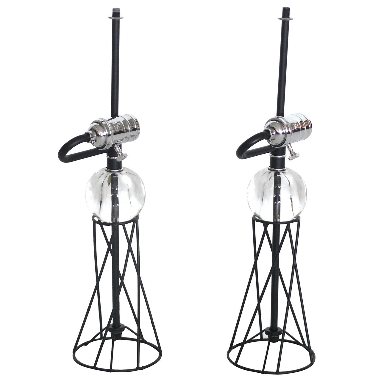 Pair of Petite Iron and Glass Table Lamps