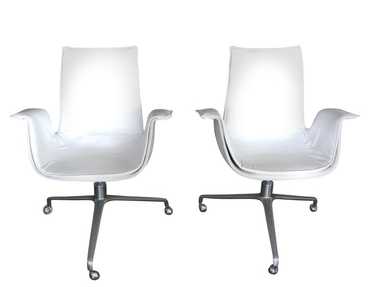 Original 3-legged version of the classic Preben Fabricius bird office chair. Sometimes also referred to as the tulip chair. Original leather bottom. Newly upholstered white leather cover.  Machined chrome base. One white available. Others available