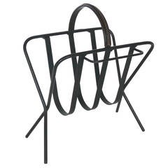 Iron and Leather Magazine Rack by Jacques Adnet