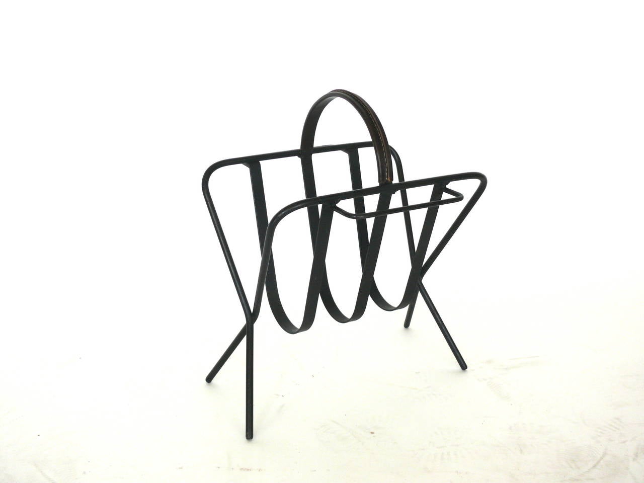 French Iron and Leather Magazine Rack by Jacques Adnet