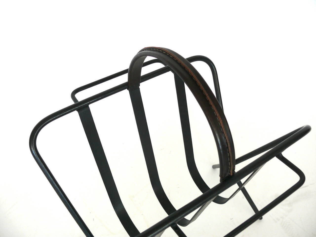 Iron and Leather Magazine Rack by Jacques Adnet 1