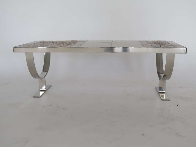 French Stainless Steel and Tile Table by Roger Capron