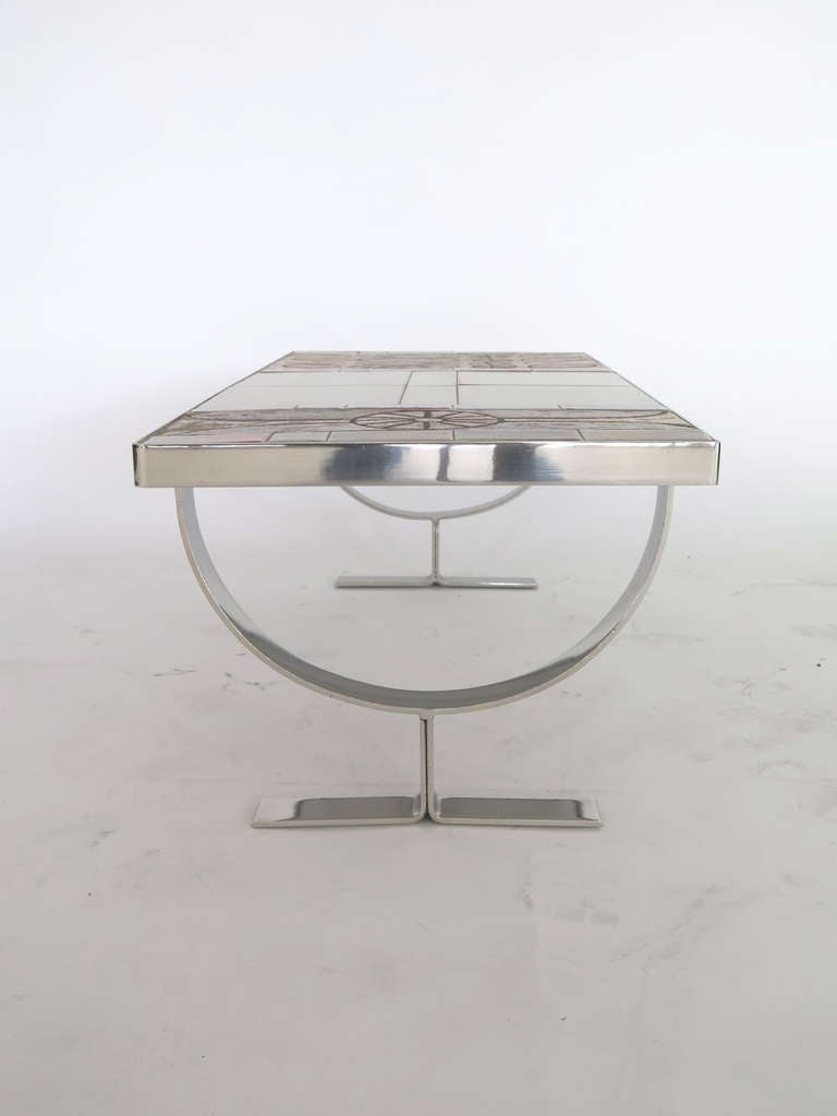 Stainless Steel and Tile Table by Roger Capron In Excellent Condition In Beverly Hills, CA