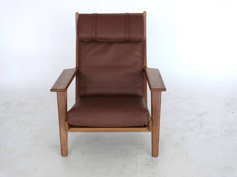 Danish Leather and Oak Armchairs by Hans Wegner