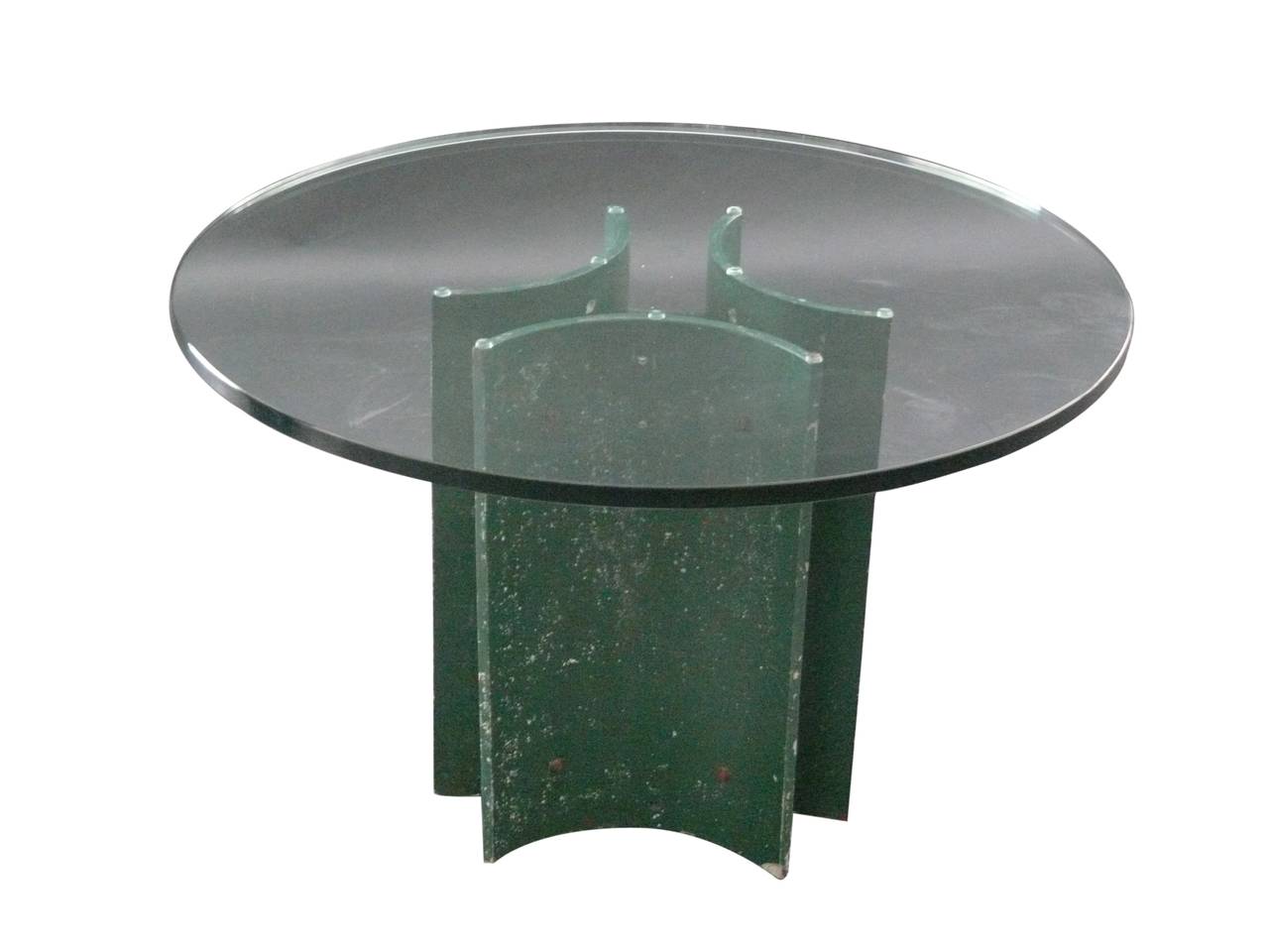 Fantastic architectural table by Willy Guhl. Rounded cement pillars with steel bars. 3/4 inch glass table top is 32