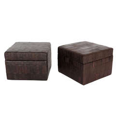 Vintage Pair of Leather Cube Ottomans by De Sede
