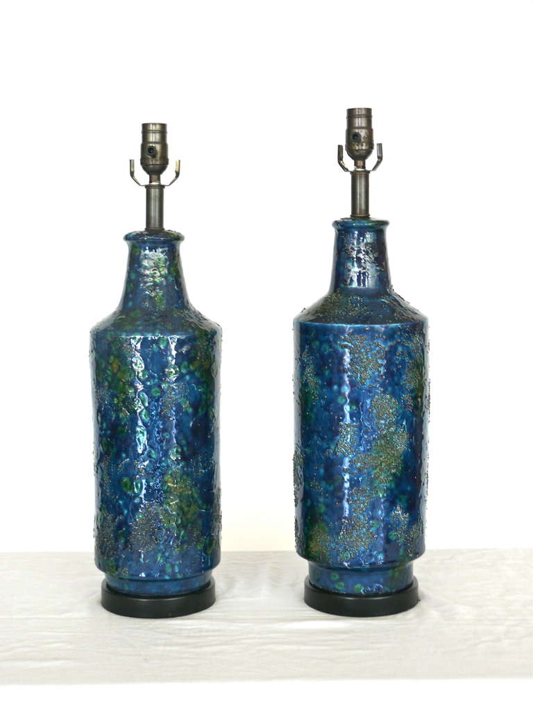 20th Century Blue Pottery Glazed Table Lamps