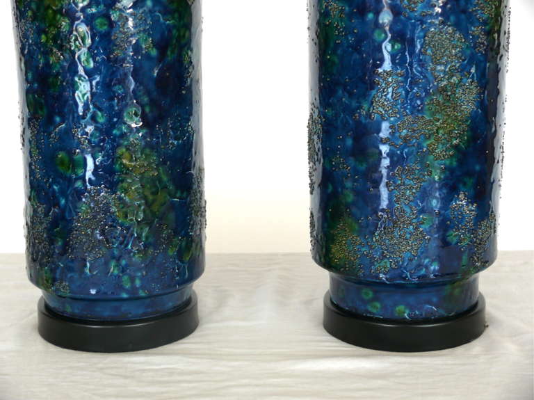 Blue Pottery Glazed Table Lamps In Excellent Condition In Beverly Hills, CA