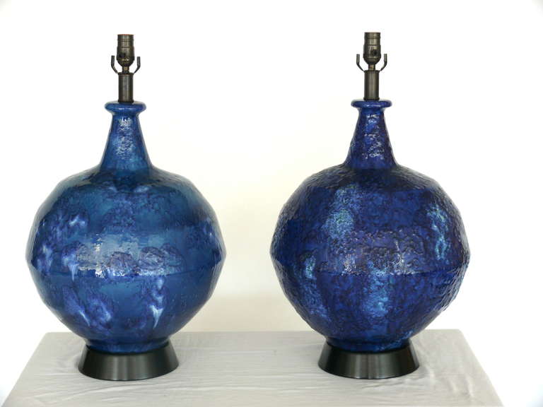 20th Century Large Blue Pottery Glazed Table Lamps
