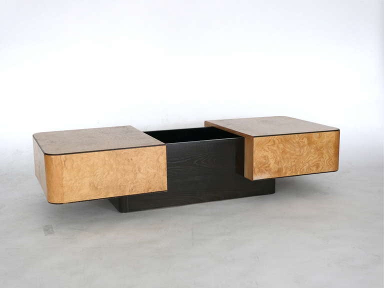 Milo Baughman for Thayer Coggin attributed coffee table in burled maple wood with a black walnut wood base. Slides open to reveal storage compartment. Low profile and fantastic scale!