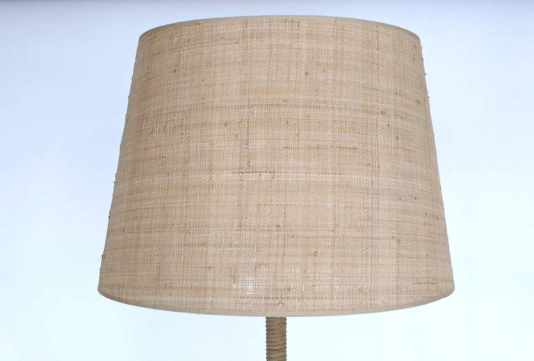 Unique French floor Lamp with three umbrella holders and three-leg loop base. Lovely maritime aesthetic with great detail! Newly re-wired with original shade.