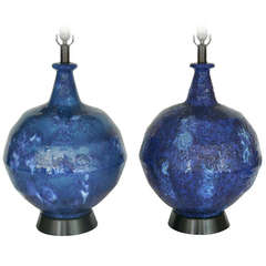 Large Blue Pottery Glazed Table Lamps