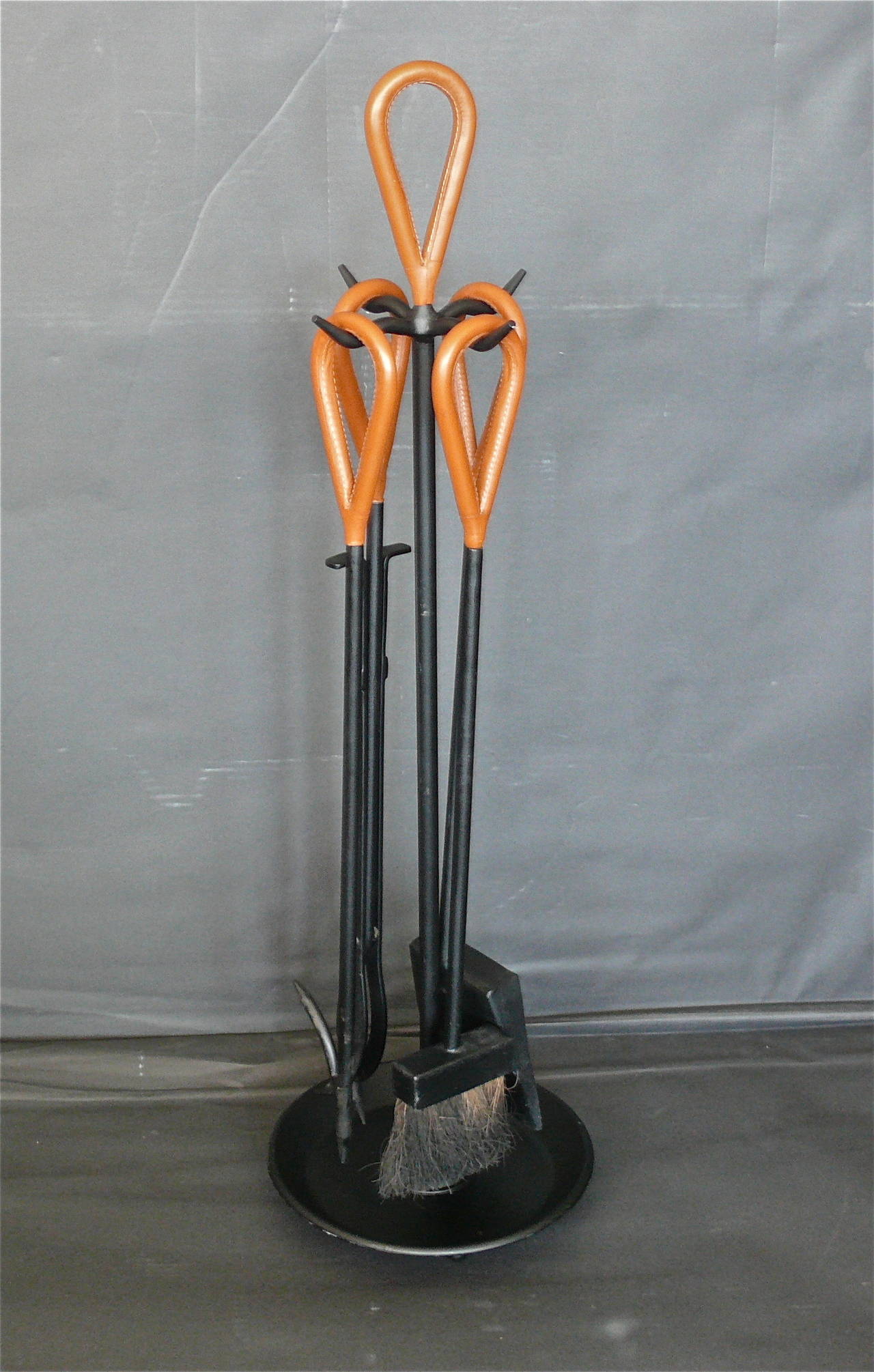 Iron and Leather Fireplace Set In Excellent Condition In Beverly Hills, CA