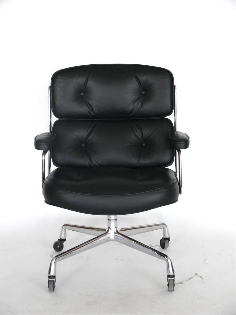 Classic office chair, from the Time Life building in New York. Designed by Eames featuring new black leather. Chair is height adjustable with tilt and swivel. Multiple chairs available. Can be COL or COM.
