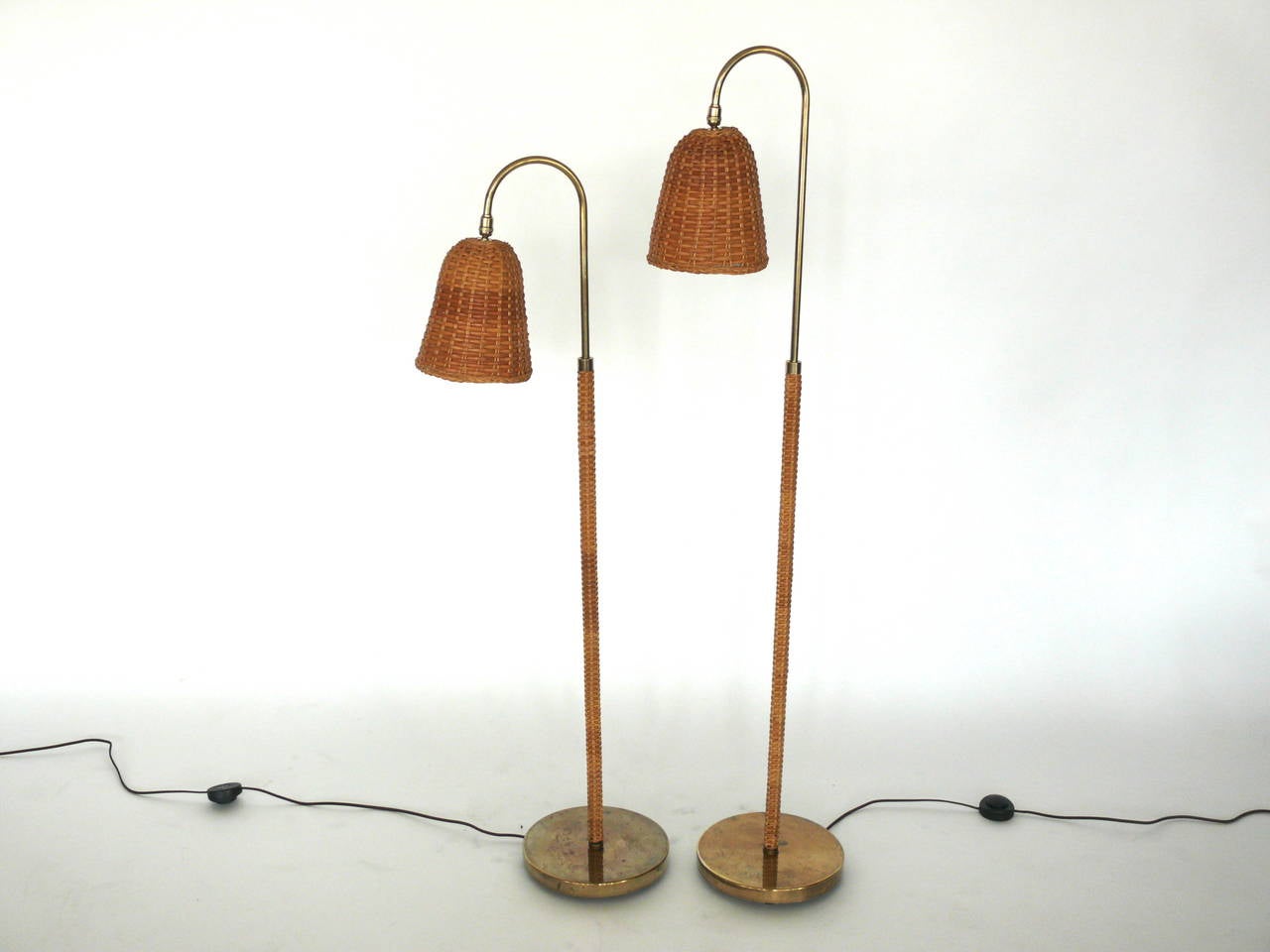 American Pair of Rattan and Brass Floor Lamps