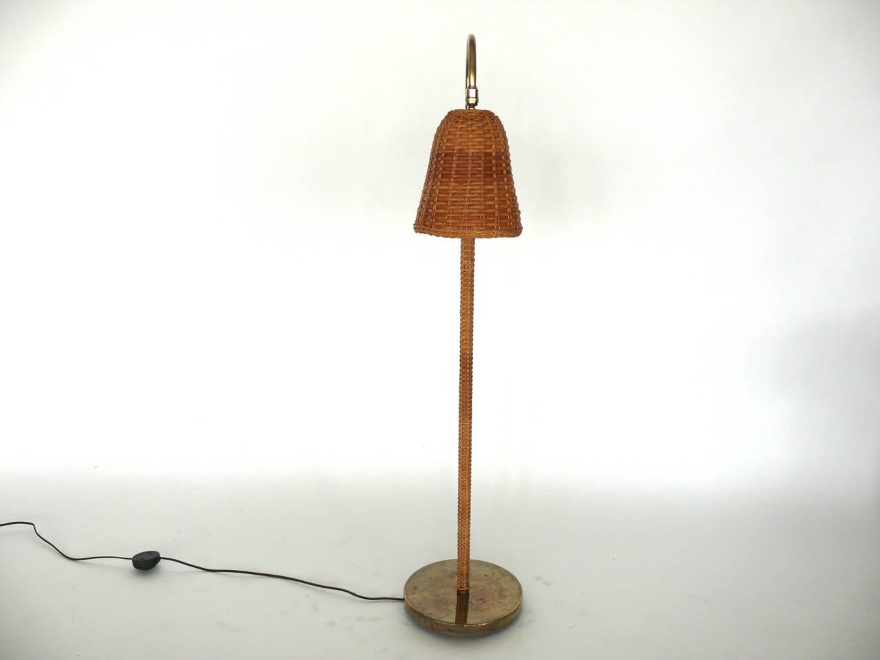 Late 20th Century Pair of Rattan and Brass Floor Lamps