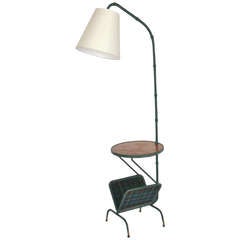 Leather Floor Lamp with Magazine Rack & Table by Jacques Adnet