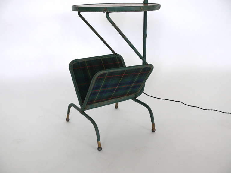 20th Century Leather Floor Lamp with Magazine Rack & Table by Jacques Adnet