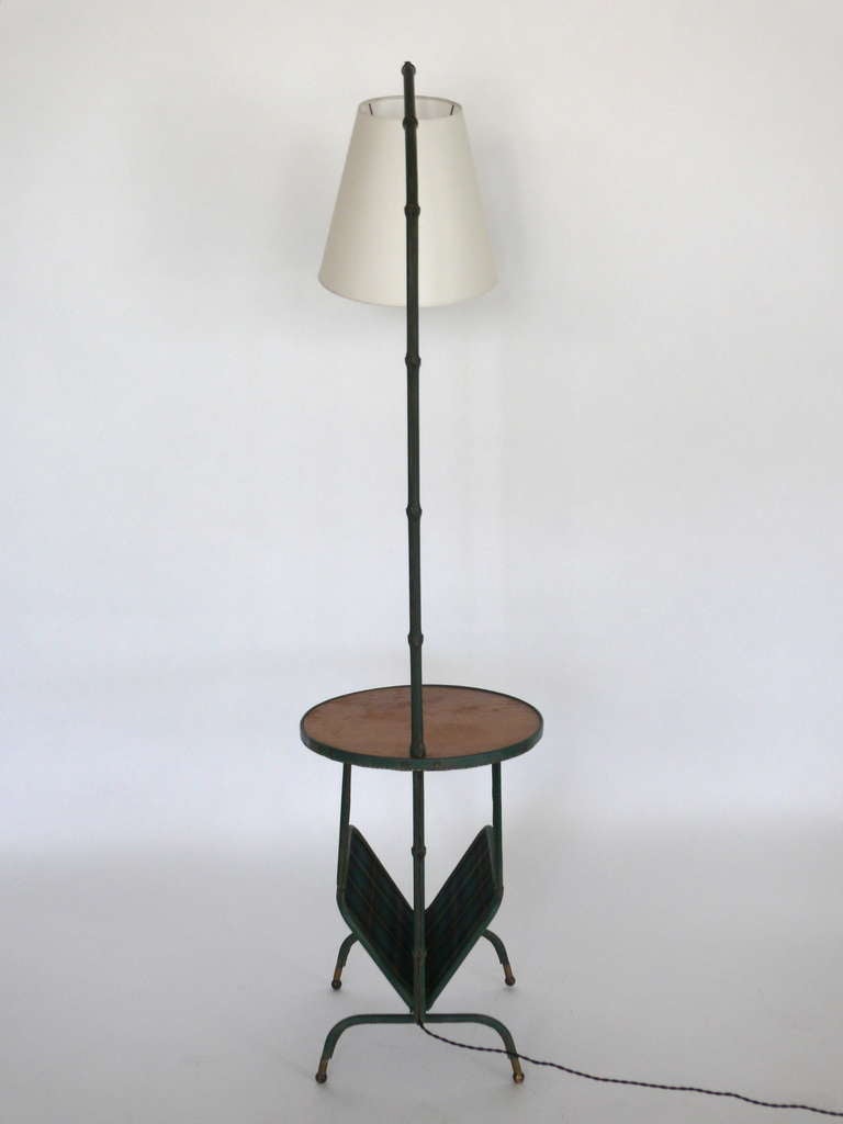 Leather Floor Lamp with Magazine Rack & Table by Jacques Adnet 3