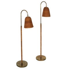 Pair of Rattan and Brass Floor Lamps