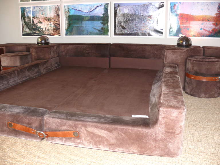 Pace Collection Suede Platform Bed and Nightstands In Good Condition In Beverly Hills, CA