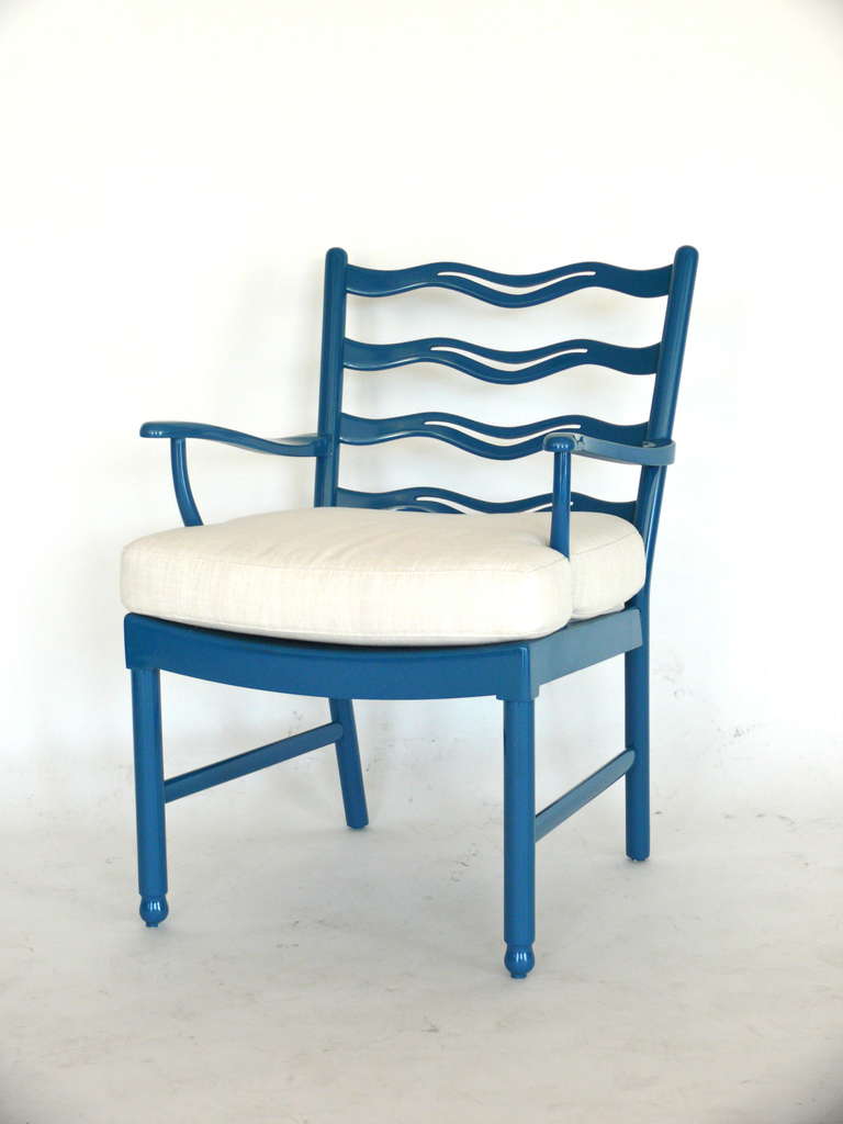 Danish Ole Wanscher Ladder Back Armchairs for Fritz Hansen in Blue Lacquer