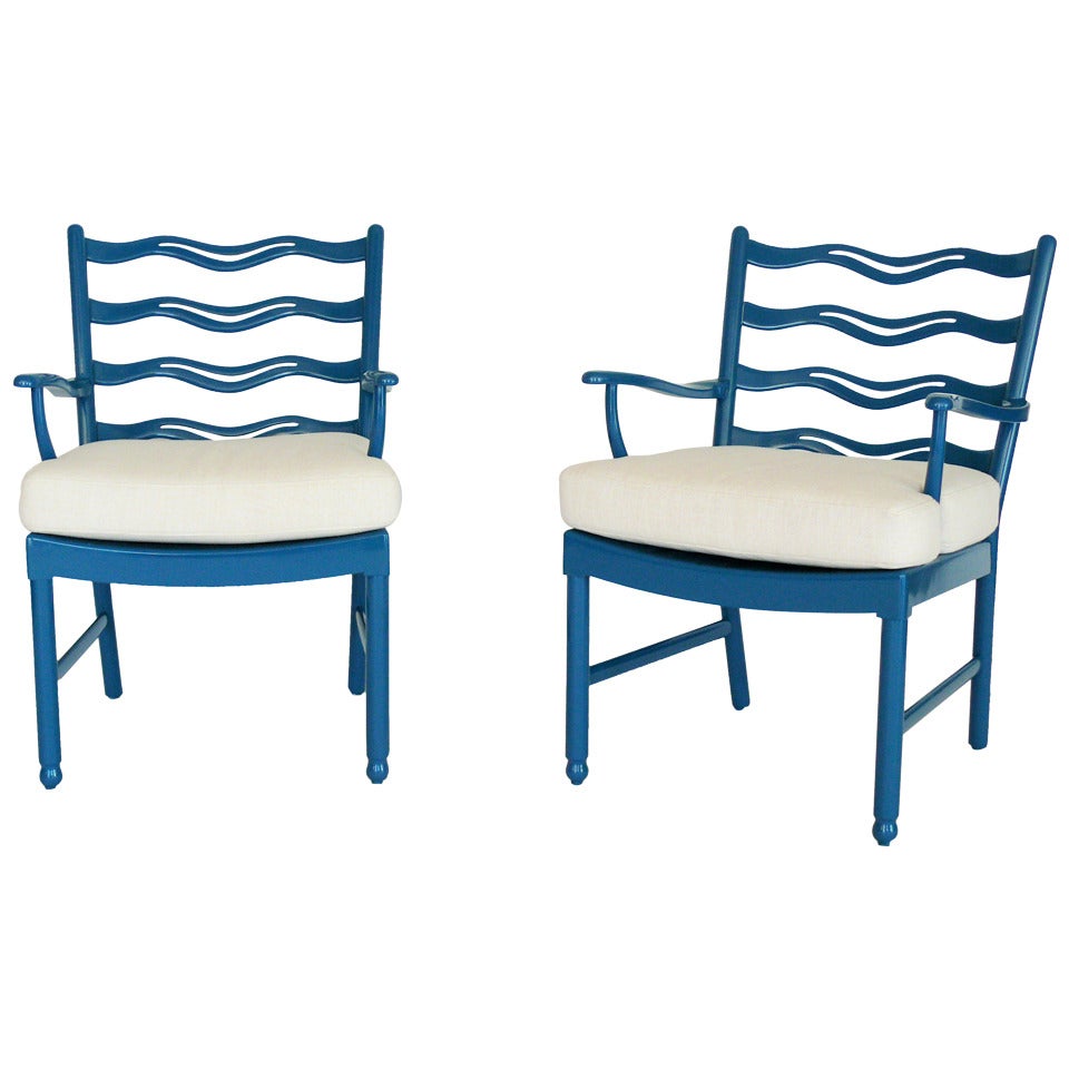 Ole Wanscher Ladder Back Armchairs for Fritz Hansen in Blue Lacquer