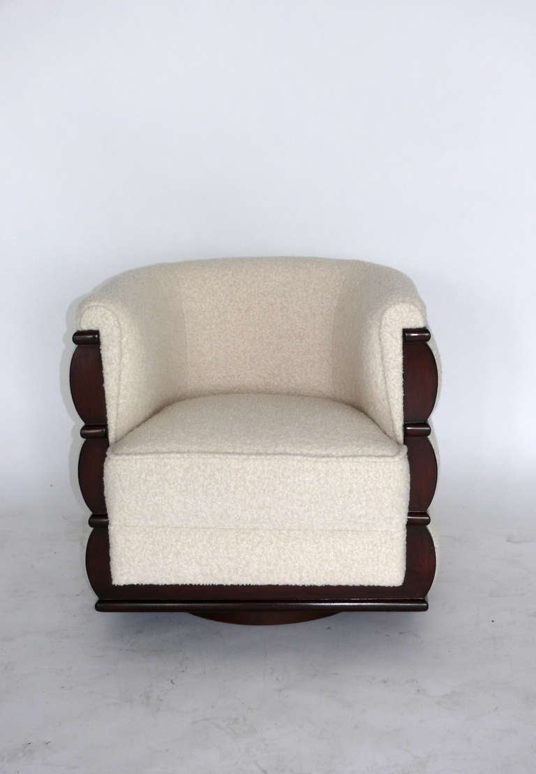 American Walnut and Wool Boucle Swivel Chairs