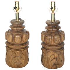 Antique Pair of Sculptural Wood Lamps