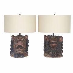 Solid Wood Carved "Fu Dog" Lamps