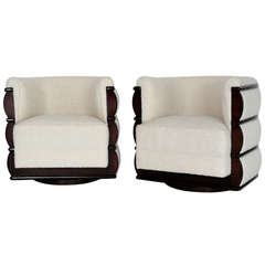 Walnut and Wool Boucle Swivel Chairs
