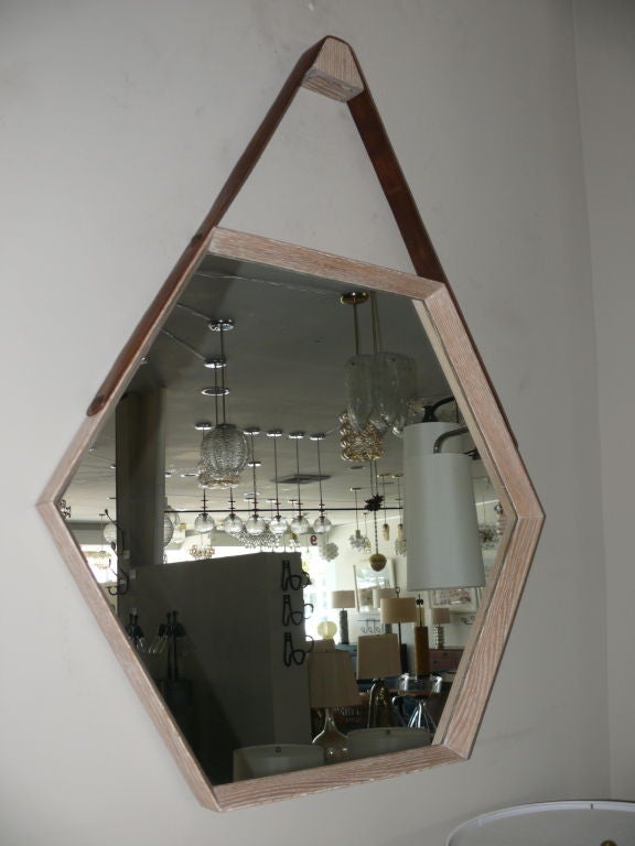 Beverly Oak and Leather Hexagon Mirror - Cerused For Sale 4