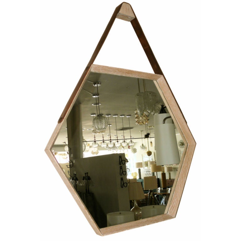 Beverly Oak and Leather Hexagon Mirror - Cerused For Sale