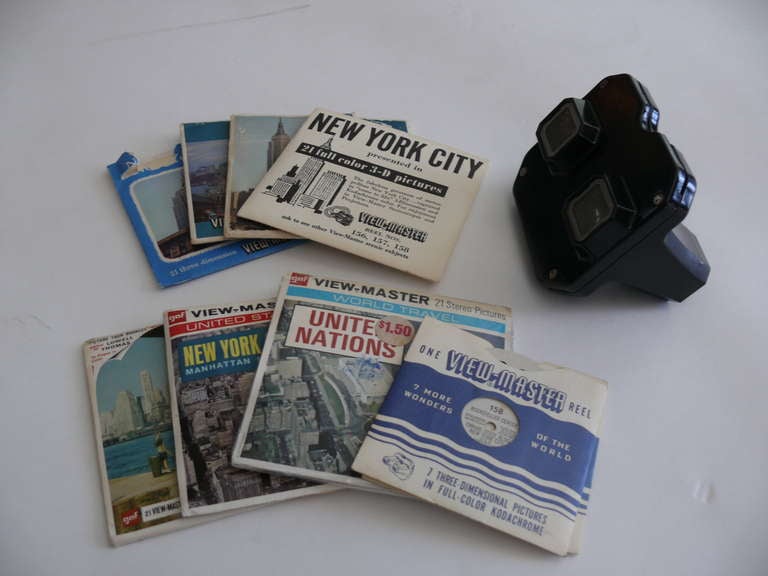 Fantastic set of vintage reels and a view finder for New York City. A sawyer model, this view finder or view master, was produced in the 1940s and intended as an alternative to the scenic postcard. Specific reels include shots of the famous United