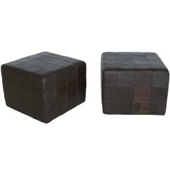 Pair of Brown Leather Cube Ottomans by Stendig