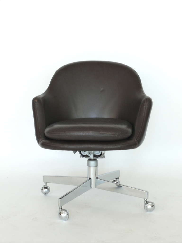 Fantastic Harvery Prober Desk Chairs in their original dark brown leather and contrast stitching. Four Caster base, swivel mechanism, and original label on bottom. Sleek design and incredibly comfortable. Two available and priced individually.