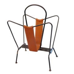 Jacques Adnet Iron and Leather Magazine Rack