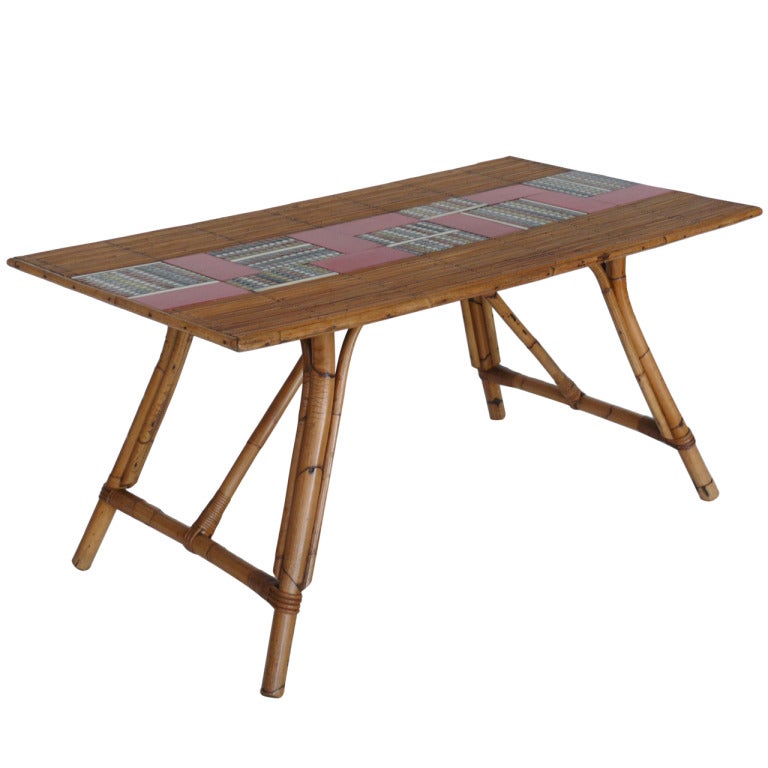 Rattan and Tile Dining Table by Roger Capron